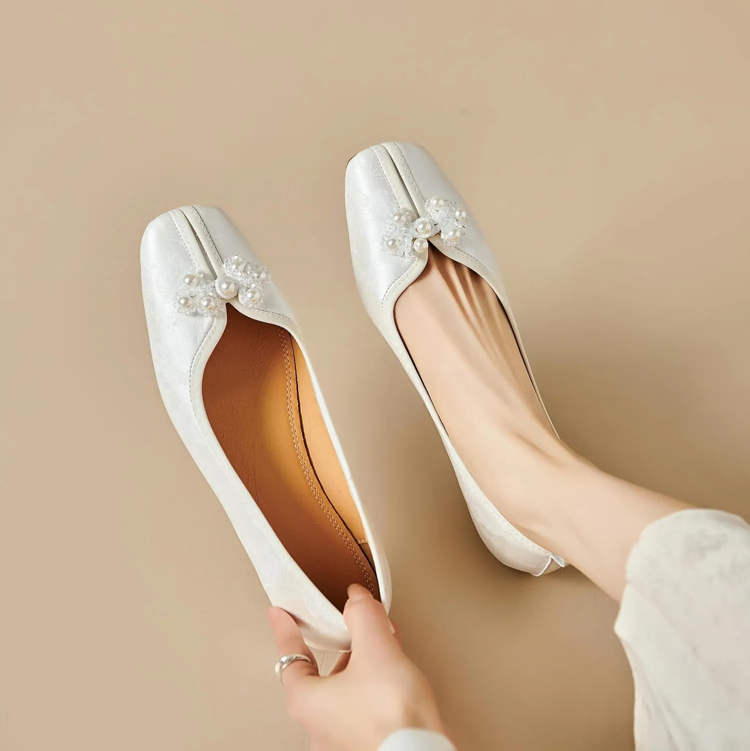 Womens Retro Ballet Flats Classic Slip on Pearl Embroidered Ballerina Shoes Comfortable Soft Square Toe Bride Wedding Dress Flats