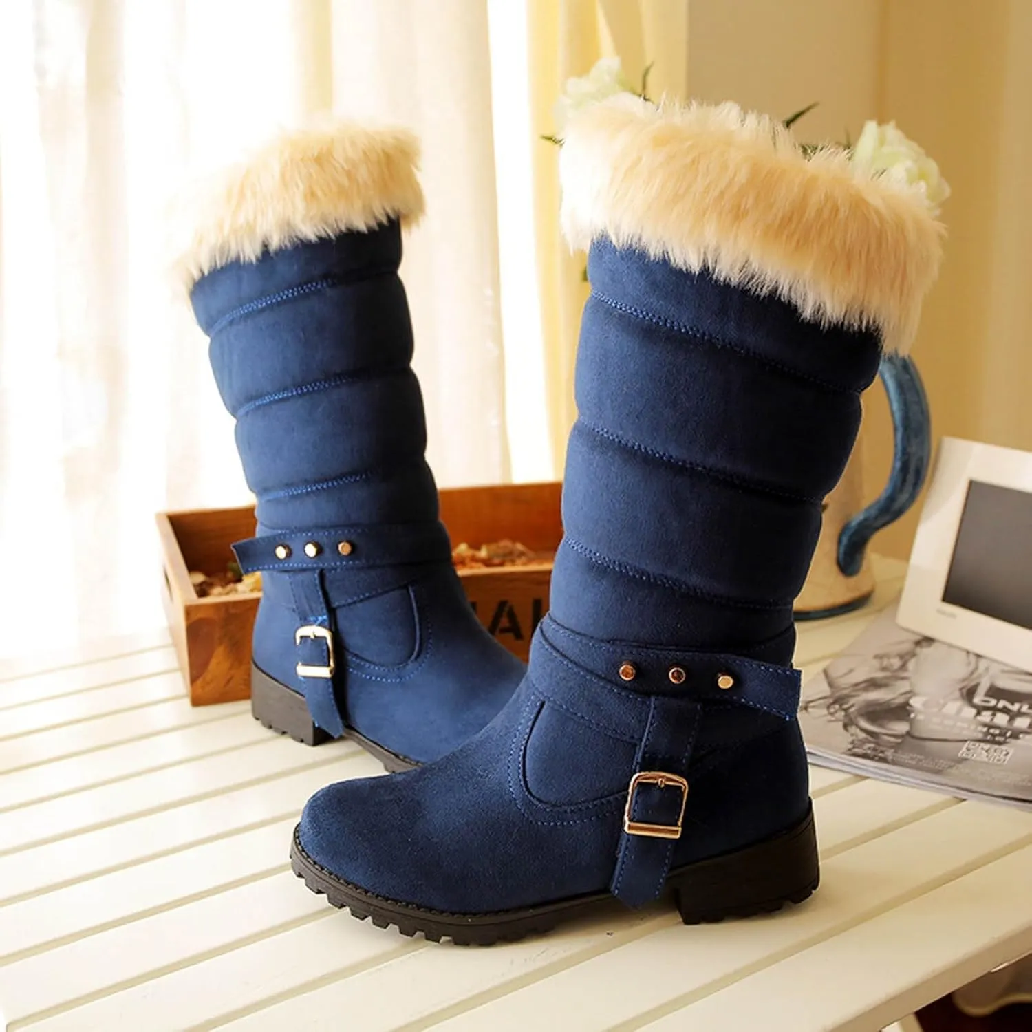 Women's Snow Boots Fuzzy Fashion Winter Fur Lined Insulated Warm Womens Boots Mid-Calf Fleece Furry Soft Cozy Boots Slip on