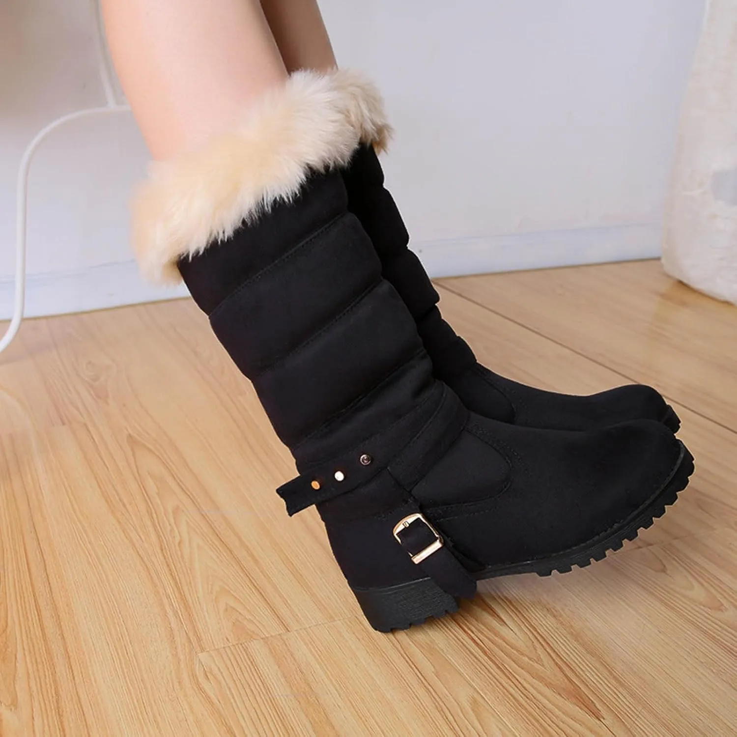 Women's Snow Boots Fuzzy Fashion Winter Fur Lined Insulated Warm Womens Boots Mid-Calf Fleece Furry Soft Cozy Boots Slip on
