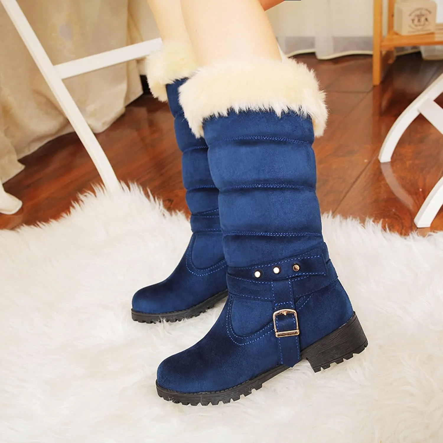 Women's Snow Boots Fuzzy Fashion Winter Fur Lined Insulated Warm Womens Boots Mid-Calf Fleece Furry Soft Cozy Boots Slip on