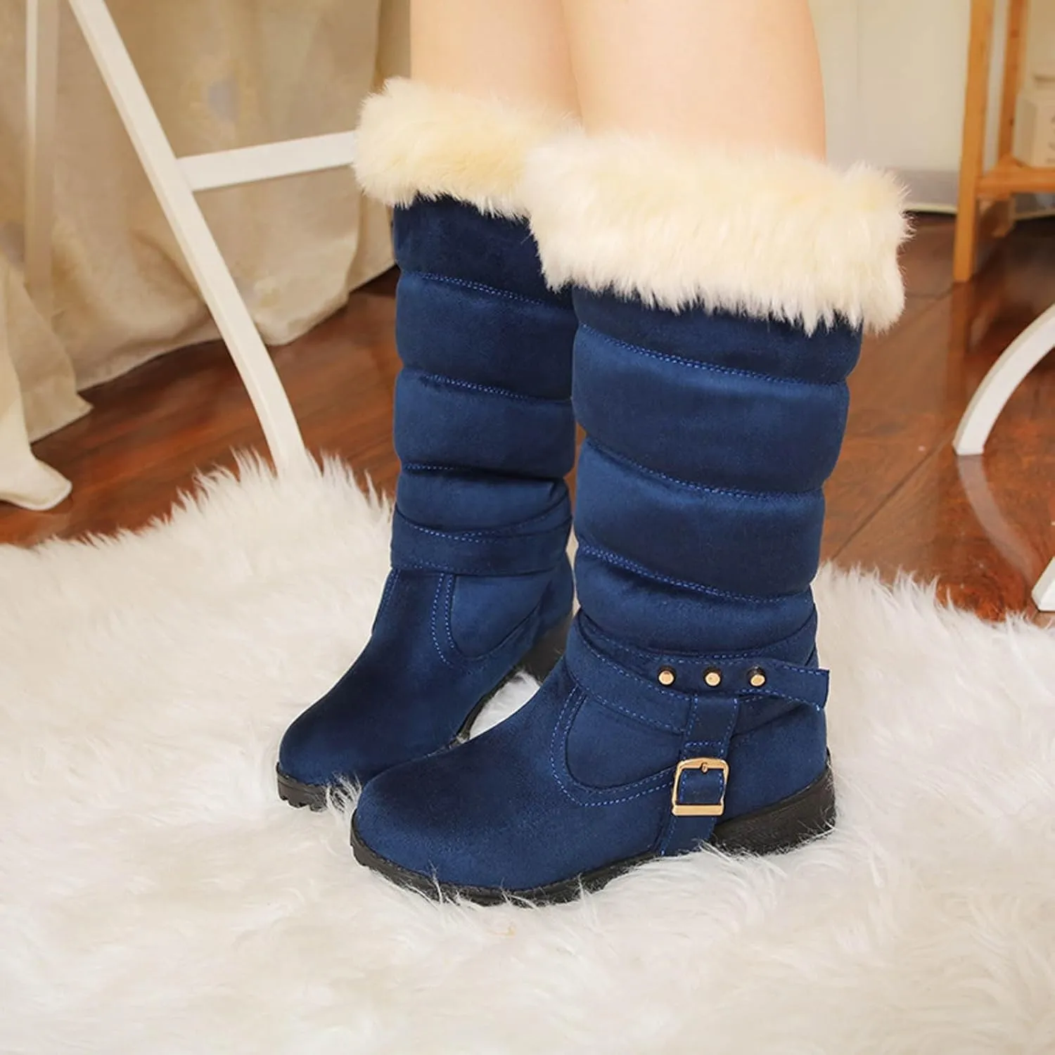 Women's Snow Boots Fuzzy Fashion Winter Fur Lined Insulated Warm Womens Boots Mid-Calf Fleece Furry Soft Cozy Boots Slip on