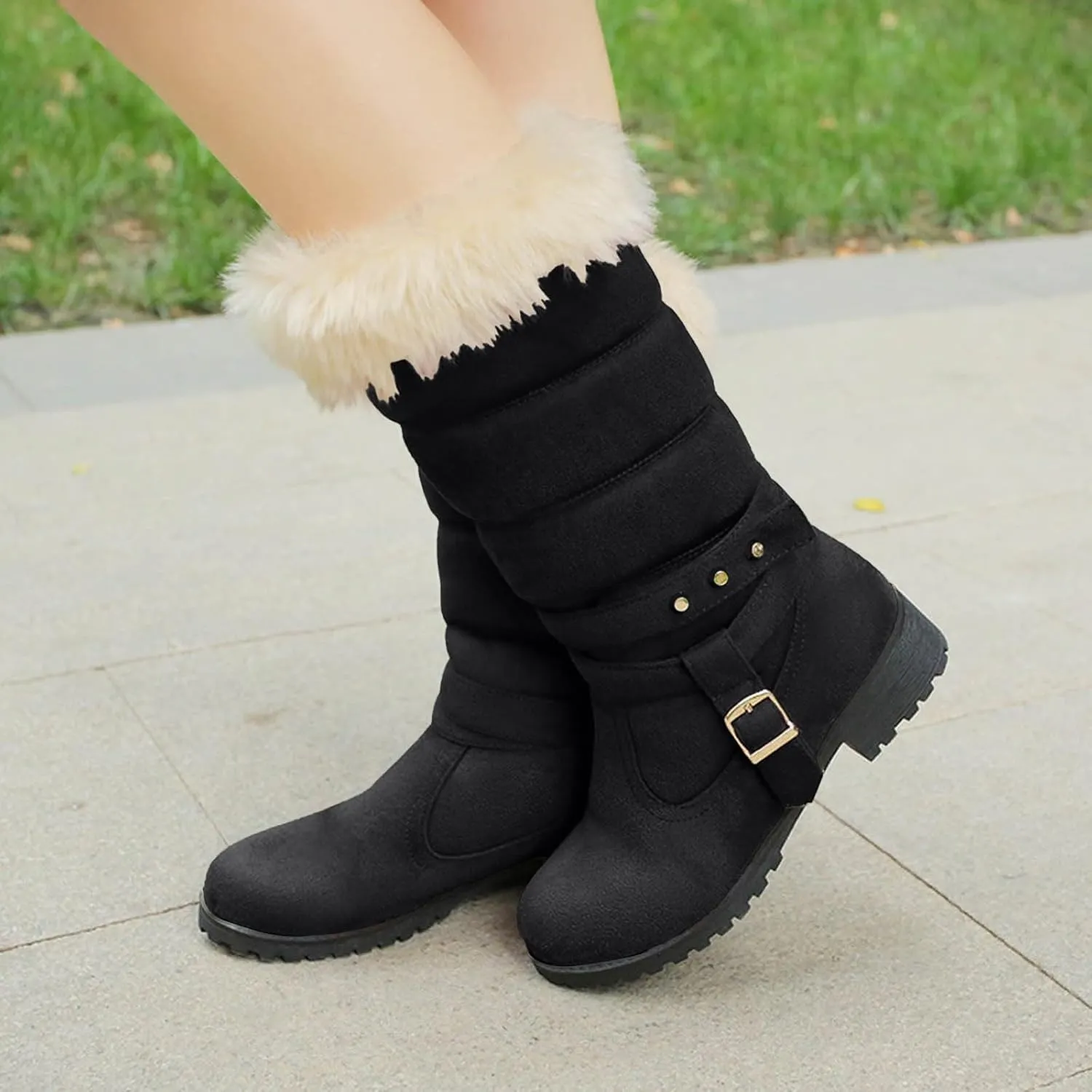 Women's Snow Boots Fuzzy Fashion Winter Fur Lined Insulated Warm Womens Boots Mid-Calf Fleece Furry Soft Cozy Boots Slip on