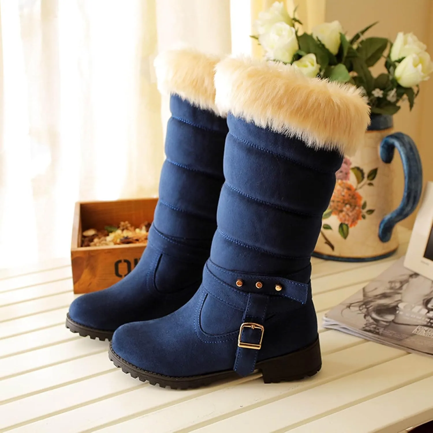 Women's Snow Boots Fuzzy Fashion Winter Fur Lined Insulated Warm Womens Boots Mid-Calf Fleece Furry Soft Cozy Boots Slip on