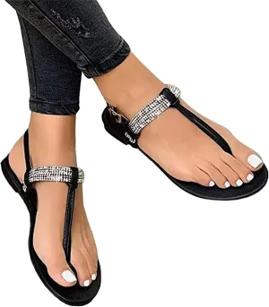 Women's Summer Sandals,Womens Casual Boho Crystal T-Strap Clip Toe Flip Flops Comfy Beach Flat Shoes Sandals for Women