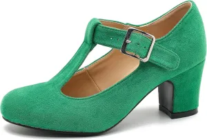 Women's T-Strap Mary Jane Pumps Round Closed Toe Comfortable Low Chunky Block Heel Wedding Dress Evening Party Shoes