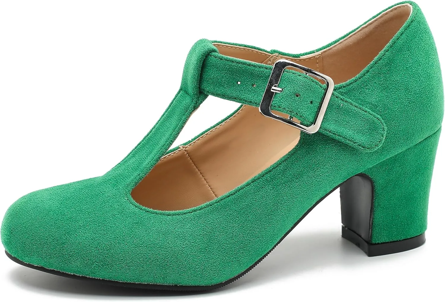 Women's T-Strap Mary Jane Pumps Round Closed Toe Comfortable Low Chunky Block Heel Wedding Dress Evening Party Shoes