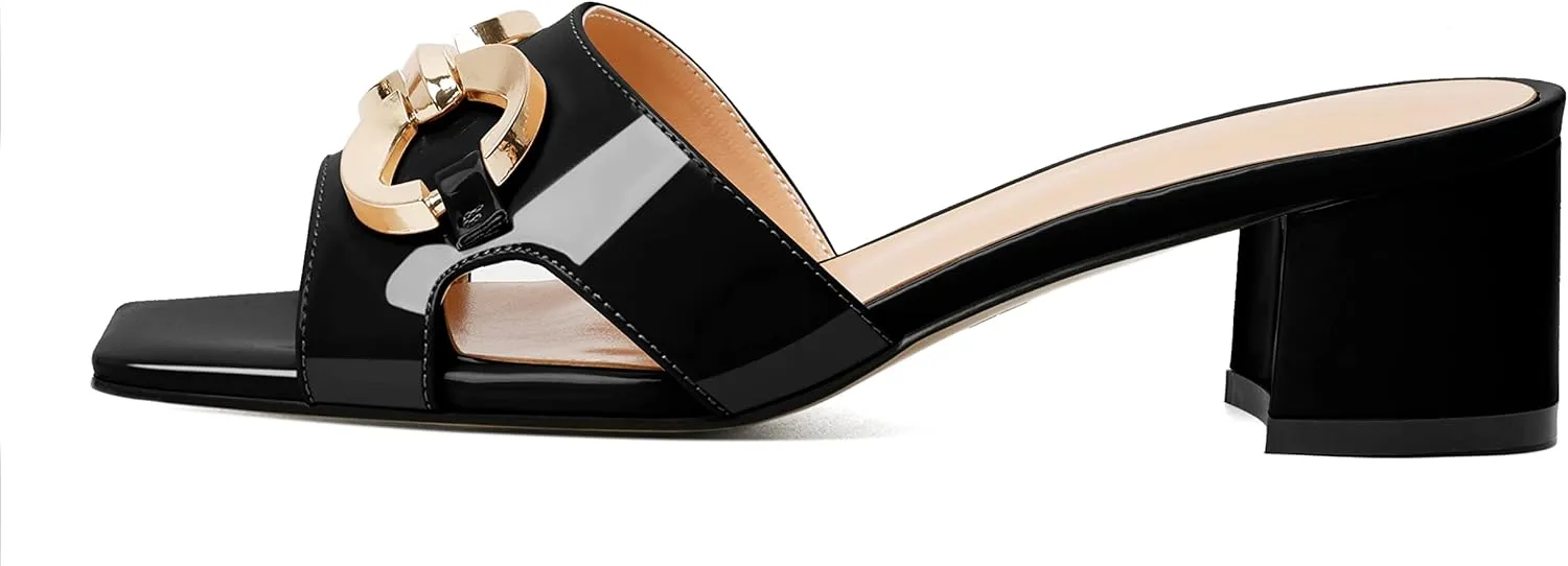 Zamikoo Women's Block Heels Mules, Square Open Toe Block Heels Sandals, Slip On Chunky Low Heeled Slippers with Metal Buckle, Wedding Dress Pump Shoes 2 Inches