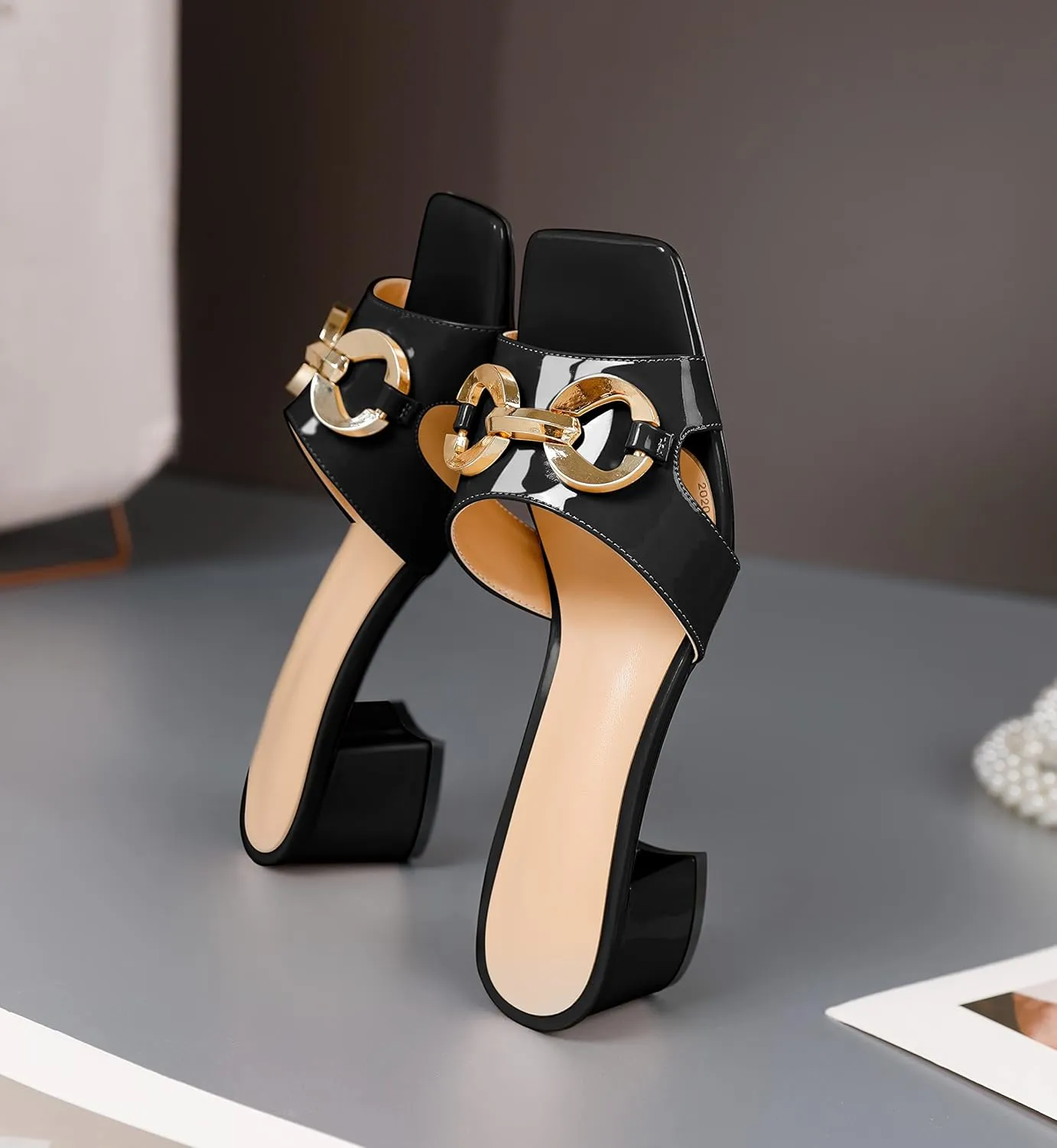 Zamikoo Women's Block Heels Mules, Square Open Toe Block Heels Sandals, Slip On Chunky Low Heeled Slippers with Metal Buckle, Wedding Dress Pump Shoes 2 Inches