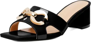 Zamikoo Women's Block Heels Mules, Square Open Toe Block Heels Sandals, Slip On Chunky Low Heeled Slippers with Metal Buckle, Wedding Dress Pump Shoes 2 Inches