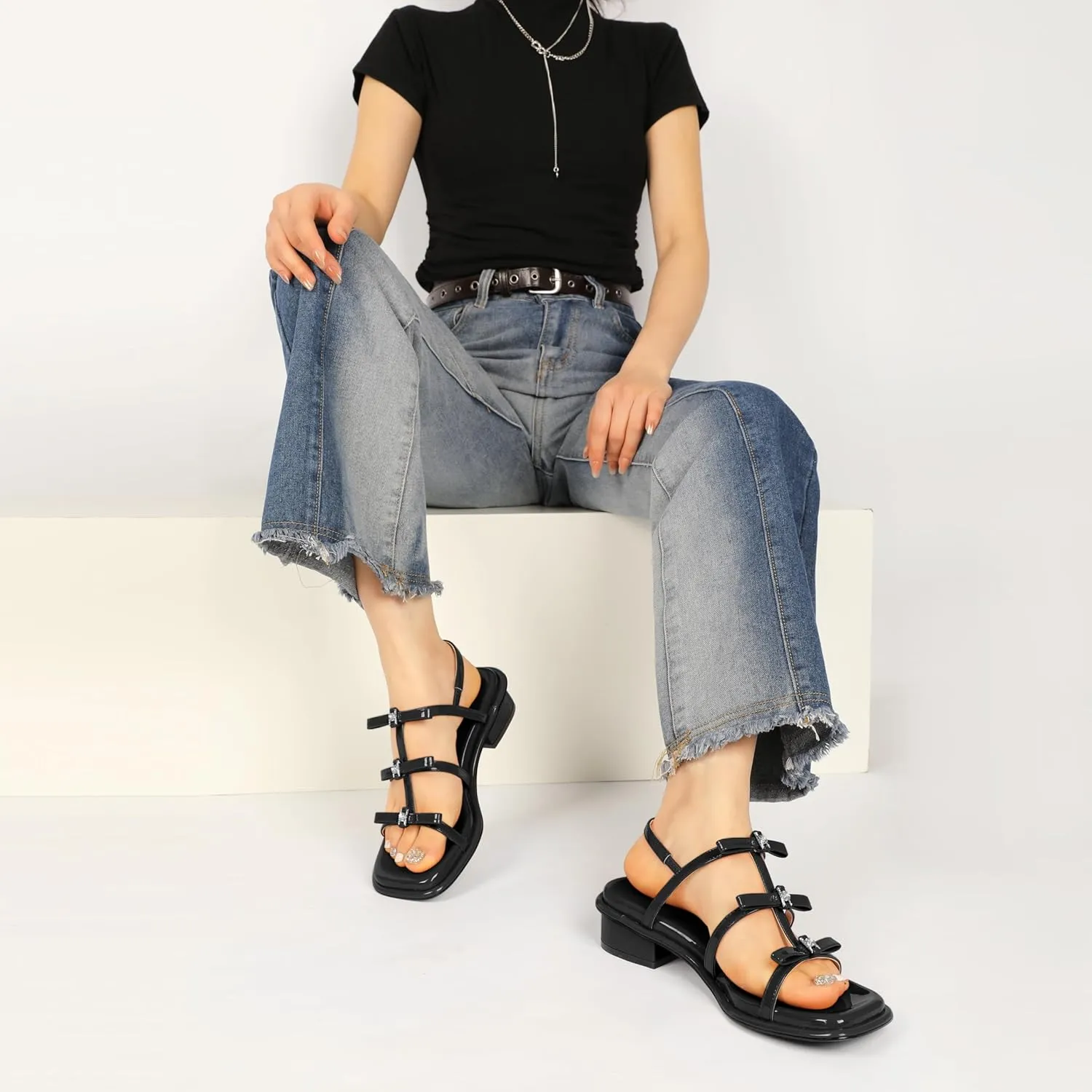 Zamikoo Womens Chunky Block Low Heel Sandals Square Toe Heels Strappy Summer Heeled Sandals Elastic Rhinestone Bow Sandals Cute Casual Dress Shoes 1.2 Inch