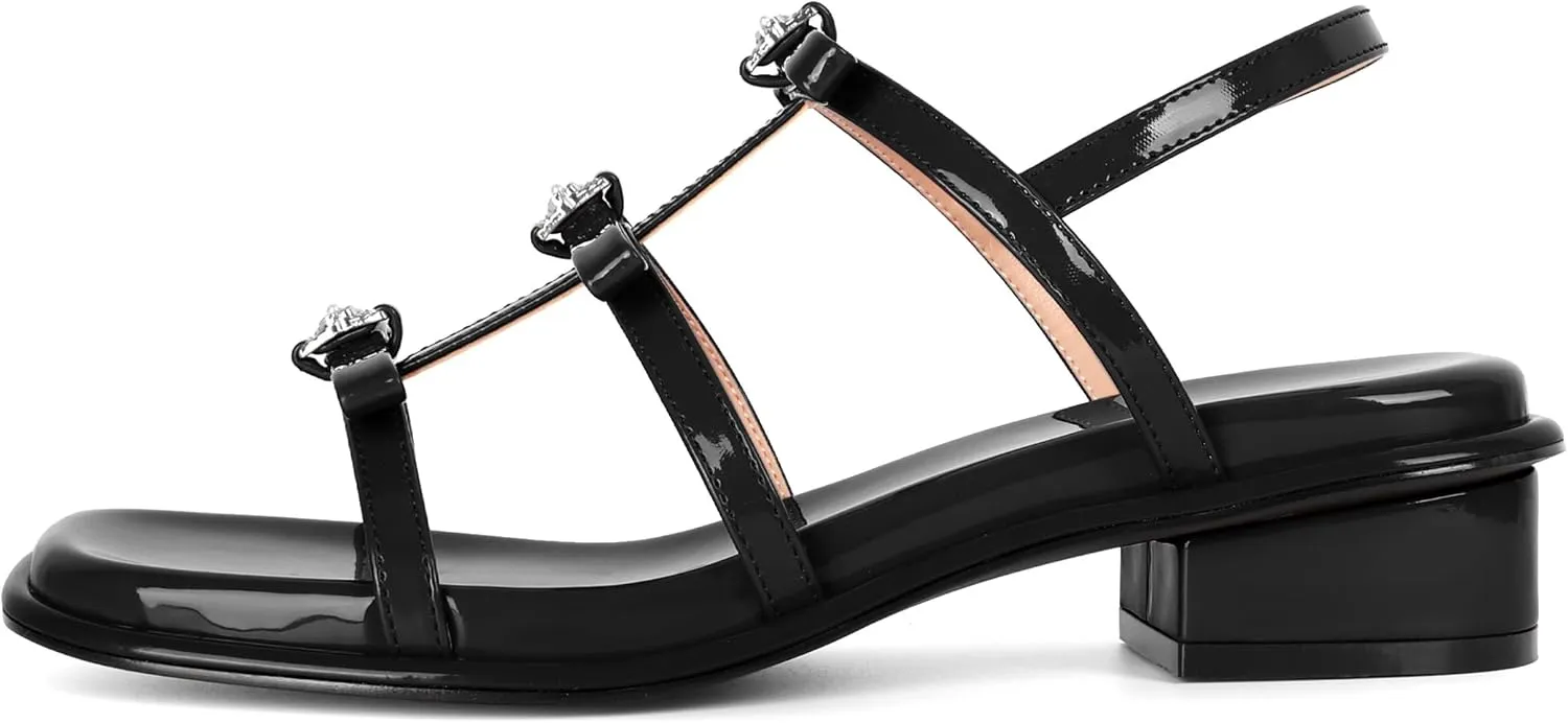 Zamikoo Womens Chunky Block Low Heel Sandals Square Toe Heels Strappy Summer Heeled Sandals Elastic Rhinestone Bow Sandals Cute Casual Dress Shoes 1.2 Inch