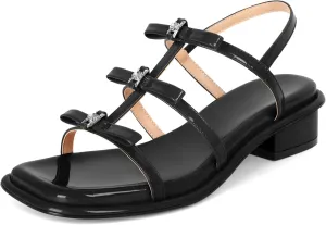 Zamikoo Womens Chunky Block Low Heel Sandals Square Toe Heels Strappy Summer Heeled Sandals Elastic Rhinestone Bow Sandals Cute Casual Dress Shoes 1.2 Inch