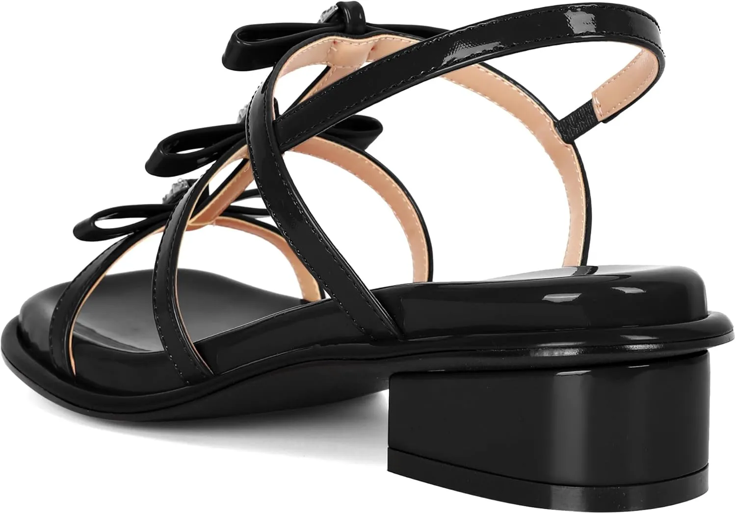Zamikoo Womens Chunky Block Low Heel Sandals Square Toe Heels Strappy Summer Heeled Sandals Elastic Rhinestone Bow Sandals Cute Casual Dress Shoes 1.2 Inch