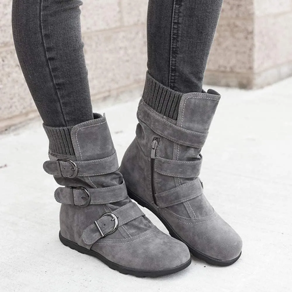 ZBYY Women's Flat Heel Calf Boots Side Zipper Slouch Wide Calf Ankle Booties Fashion Round Toe Buckle Winter Booties