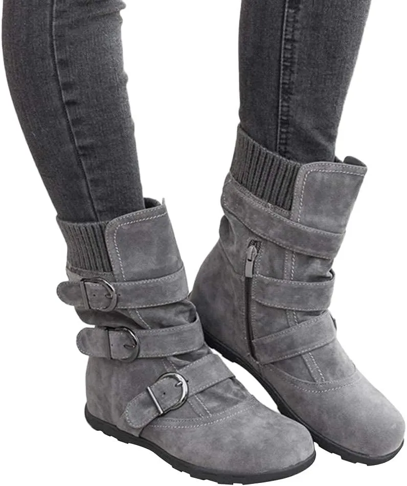 ZBYY Women's Flat Heel Calf Boots Side Zipper Slouch Wide Calf Ankle Booties Fashion Round Toe Buckle Winter Booties