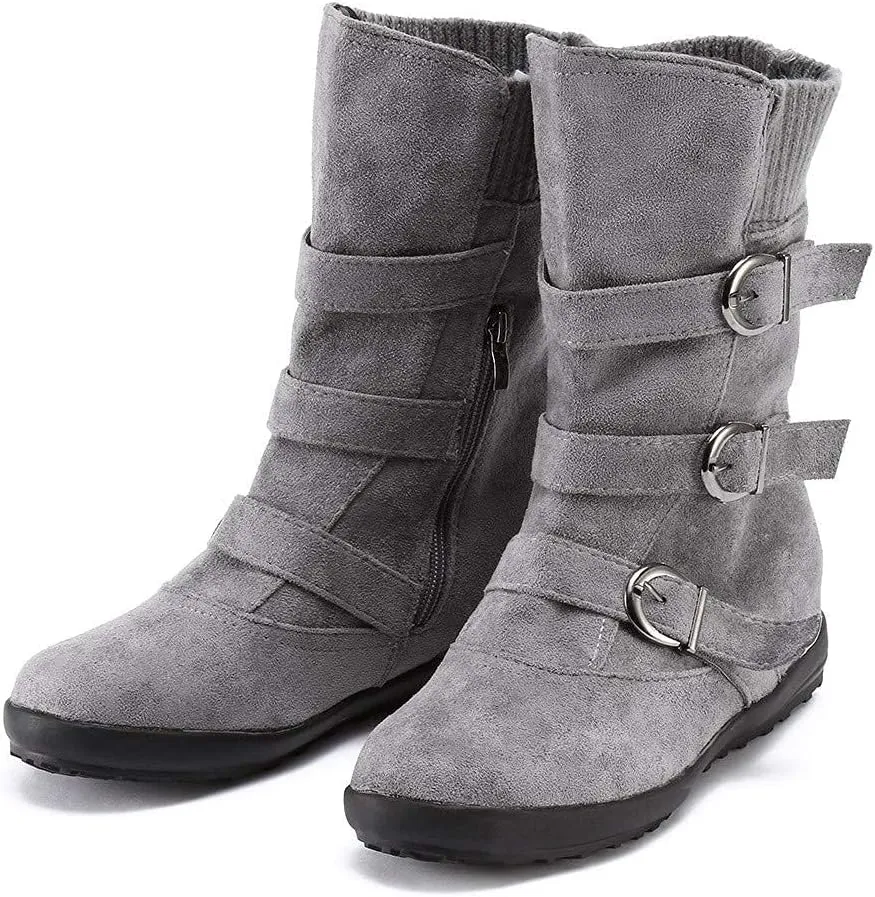 ZBYY Women's Flat Heel Calf Boots Side Zipper Slouch Wide Calf Ankle Booties Fashion Round Toe Buckle Winter Booties