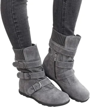 ZBYY Women's Flat Heel Calf Boots Side Zipper Slouch Wide Calf Ankle Booties Fashion Round Toe Buckle Winter Booties