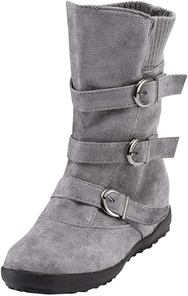 ZBYY Women's Flat Heel Calf Boots Side Zipper Slouch Wide Calf Ankle Booties Fashion Round Toe Buckle Winter Booties